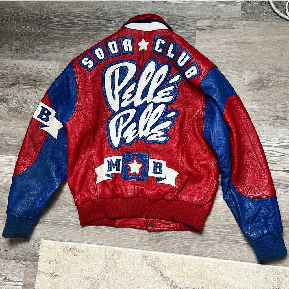 Vintage Pelle Pelle Red Blue Leather Varsity Jacket Hip Hop Streetwear Size 12 - Picture 2 of 16